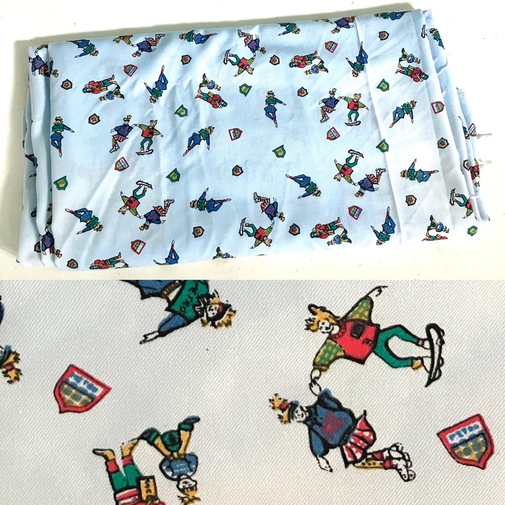 Vintage 80’s retro skateboard novelty print light blue cotton fabric yardage